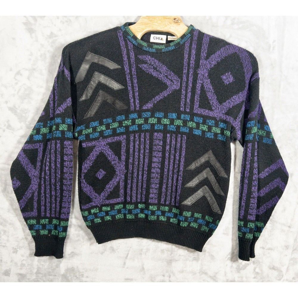Vintage Chia Acrylic And‎ Leather Geometric Knit Sweater Mens Medium